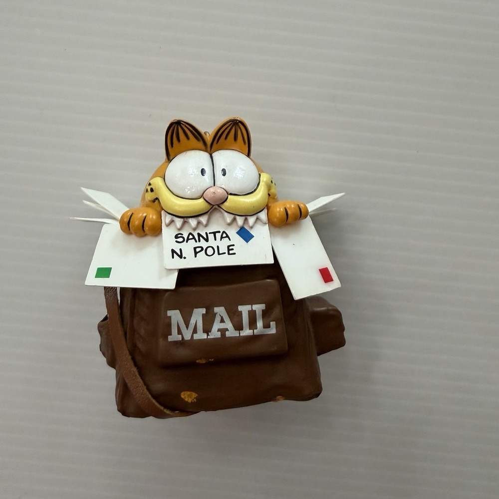 Vintage Enesco Garfield Christmas Ornament Mail Bag Cards Santa North Pole